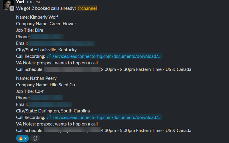 Slack message: We got 2 booked calls already, with prospect details and call recordings